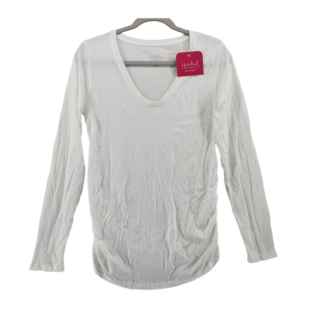 Isabel & Ingrid Maternity Shirt S White Long‎ Sleeve Shirred V Neck Top Layering